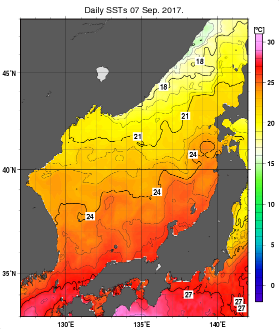 日本海の海面水温分布図（9月7日）