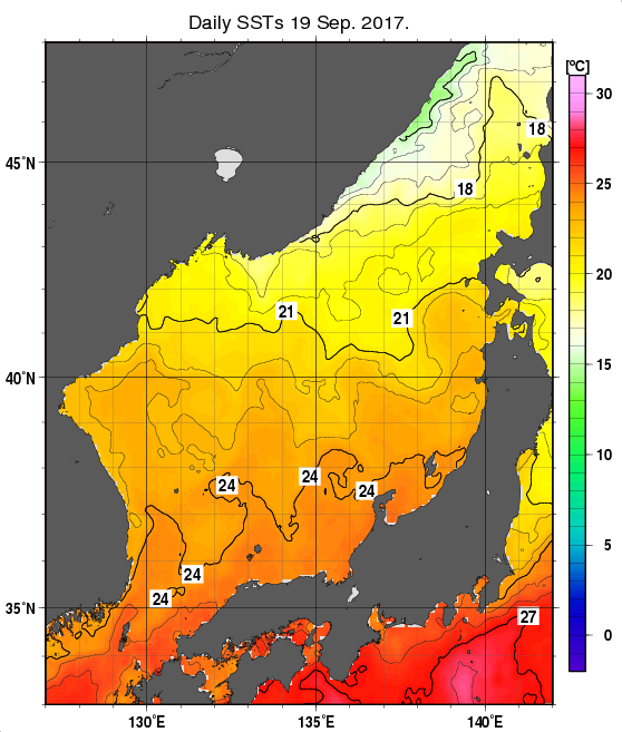 日本海の海面水温分布図（9月19日）