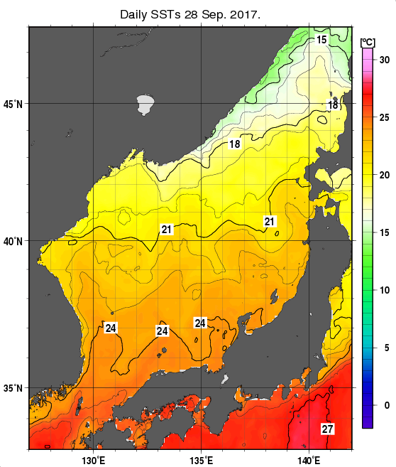 日本海の海面水温分布図（9月28日）