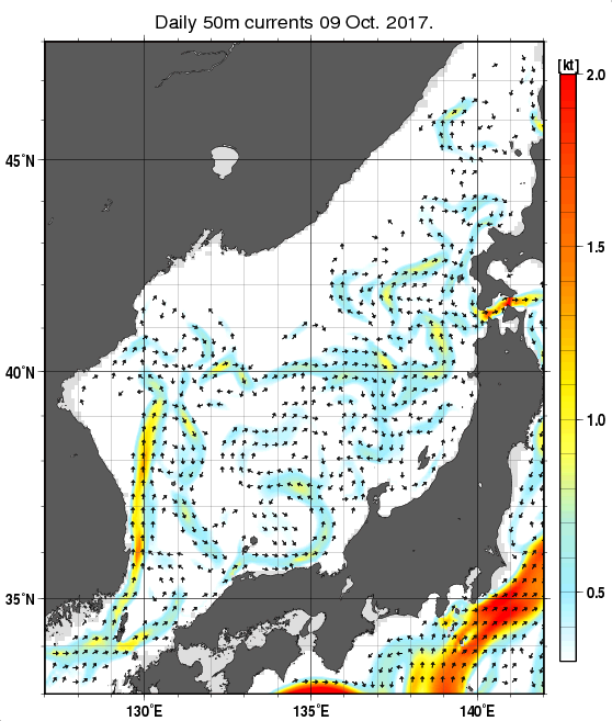 日本海の深さ50mの海流分布図（10月9日）