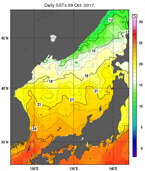 日本海の海面水温分布図（10月9日）