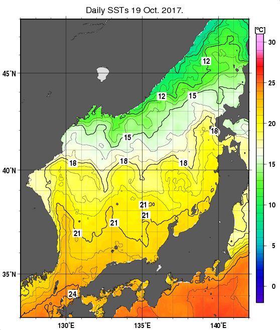 日本海の海面水温分布図（10月19日）