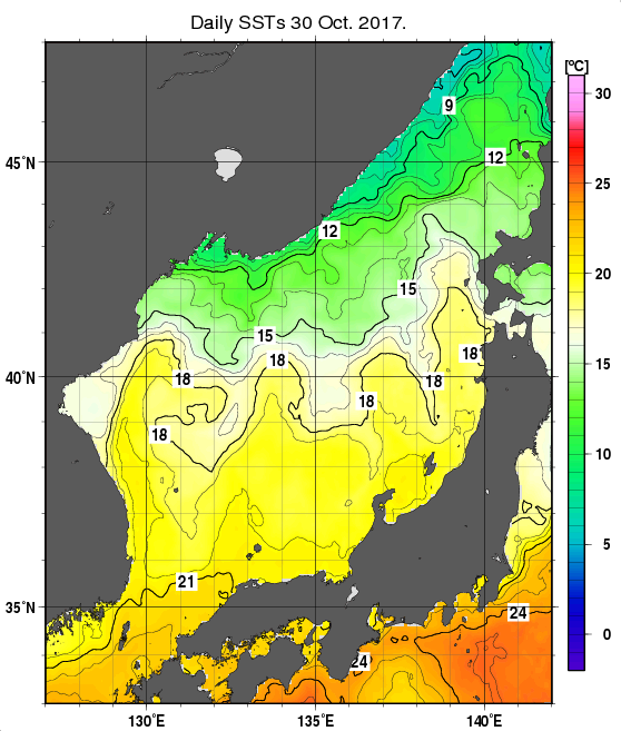 日本海の海面水温分布図（10月30日）