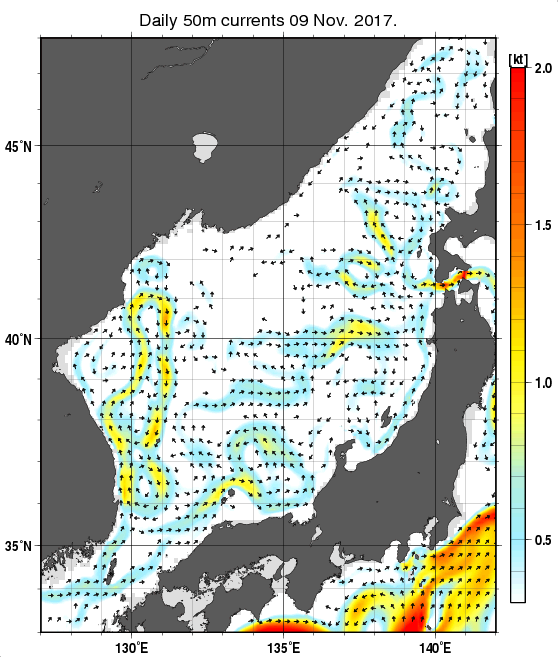 日本海の深さ50mの海流分布図（11月9日）