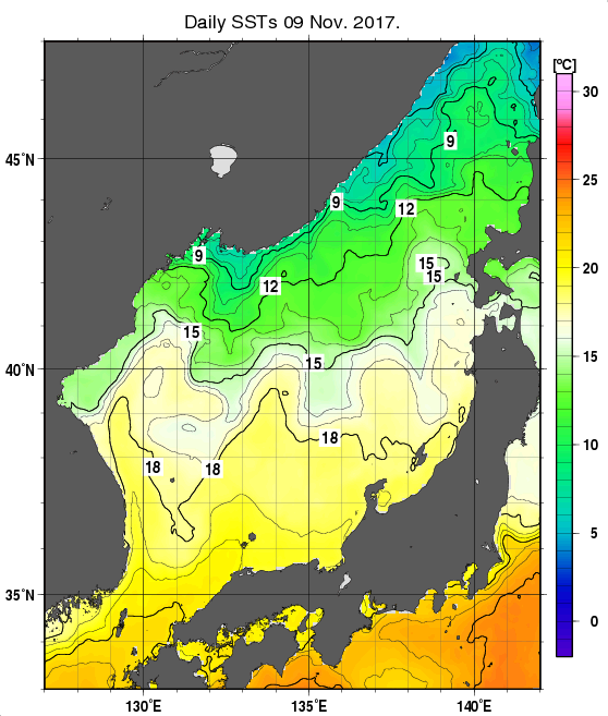 日本海の海面水温分布図（11月9日）