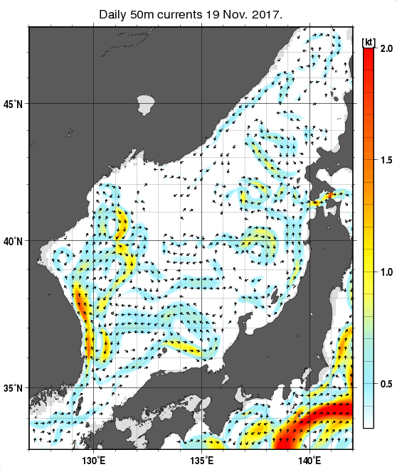 日本海の深さ50mの海流分布図（11月19日）