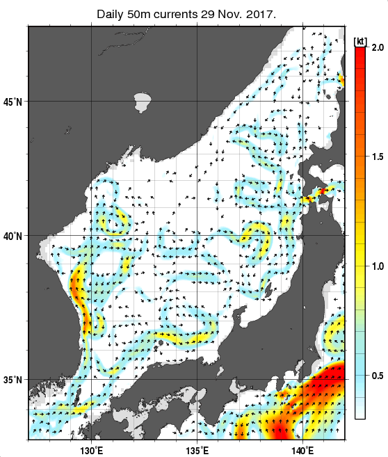 日本海の深さ50mの海流分布図（11月29日）