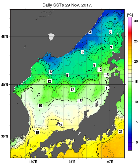 日本海の海面水温分布図（11月29日）