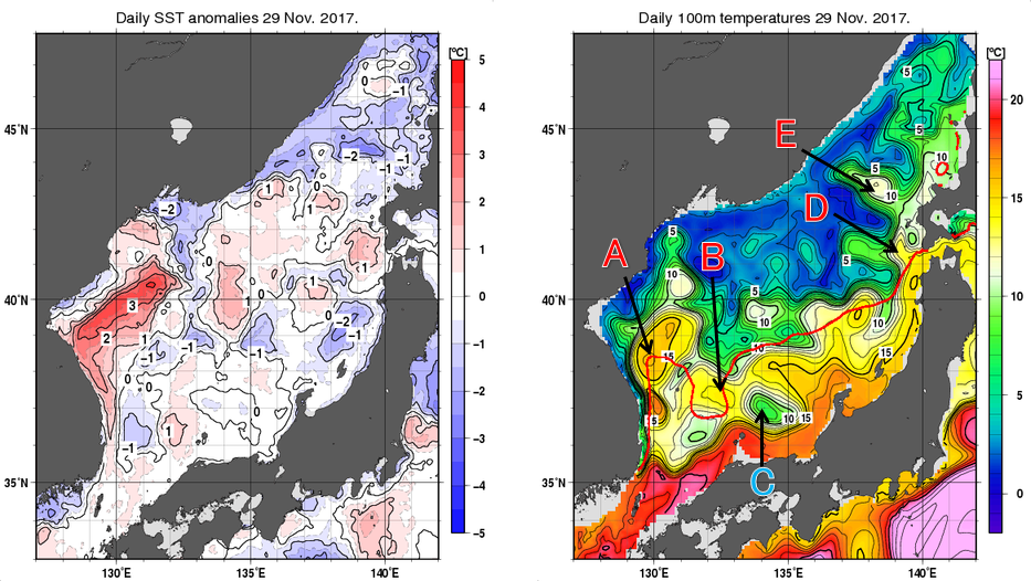 日本海の海面水温平年差分布図および深さ100mの水温分布図（11月29日）
