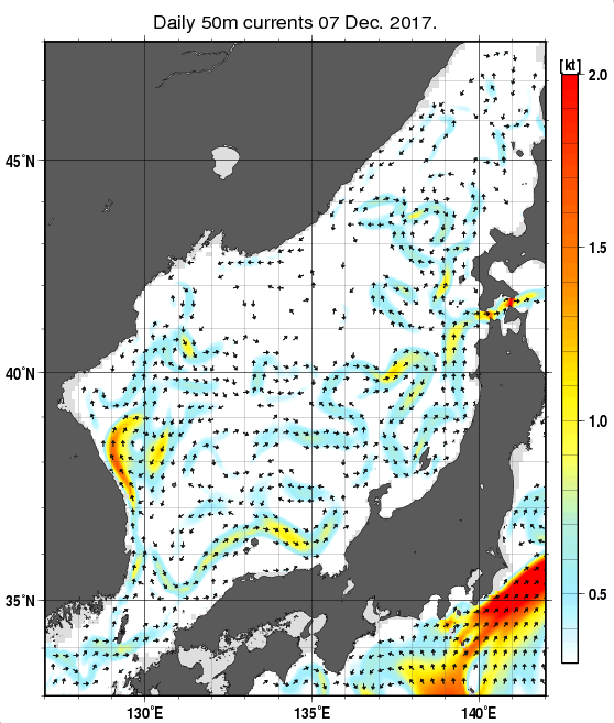 日本海の深さ50mの海流分布図（12月7日）