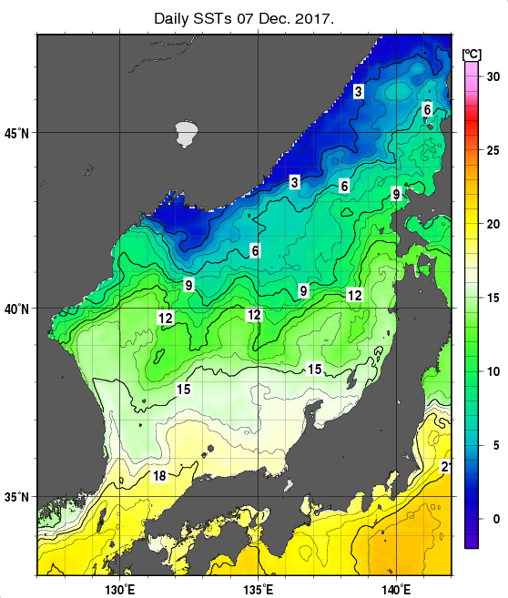 日本海の海面水温分布図（12月7日）