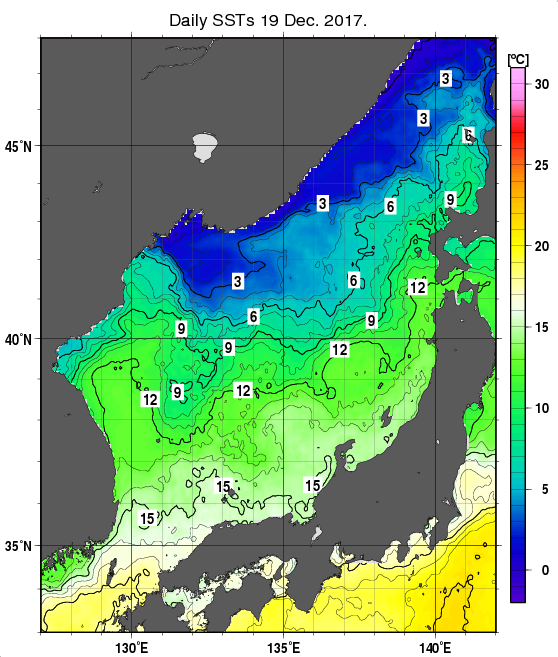 日本海の海面水温分布図（12月19日）