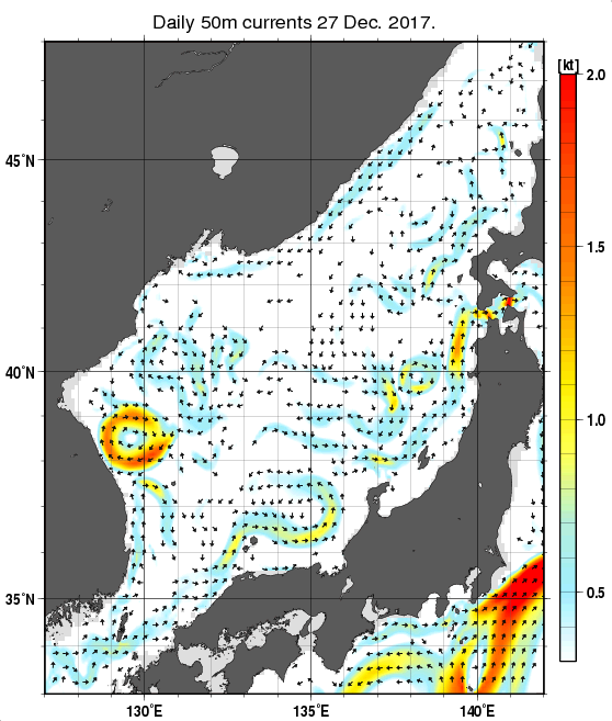 日本海の深さ50mの海流分布図（12月27日）