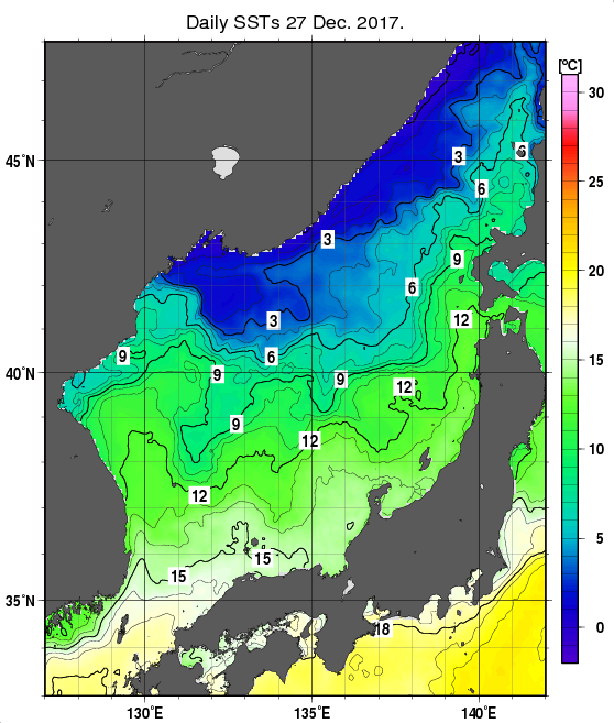 日本海の海面水温分布図（12月27日）