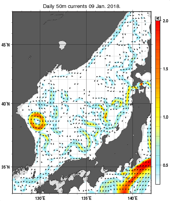 日本海の深さ50mの海流分布図（1月9日）