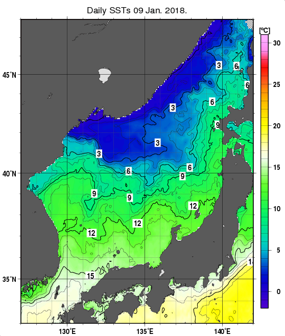 日本海の海面水温分布図（1月9日）