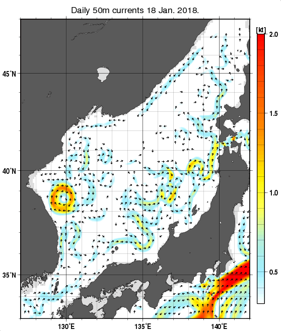 日本海の深さ50mの海流分布図（1月18日）