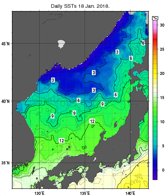 日本海の海面水温分布図（1月18日）