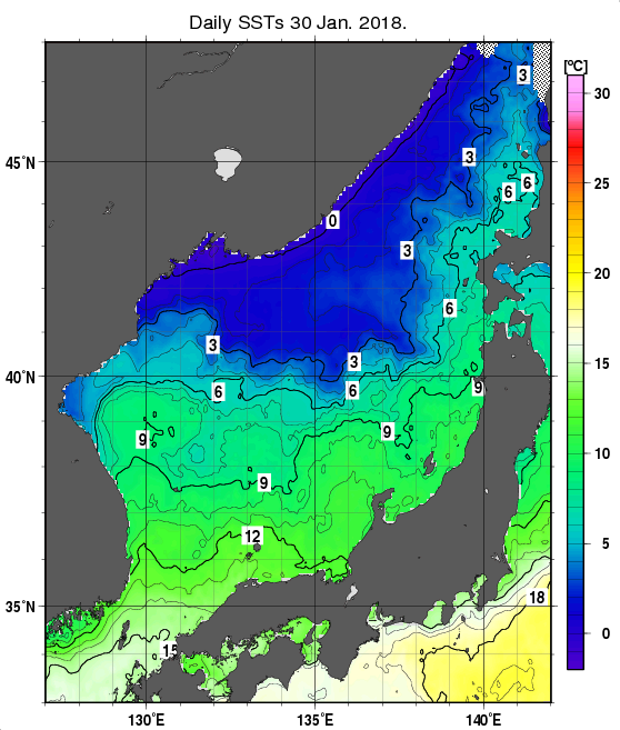 日本海の海面水温分布図（1月30日）