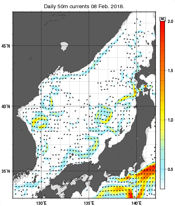 日本海の深さ50mの海流分布図（2月8日）