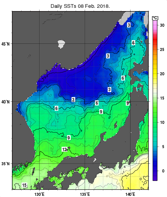 日本海の海面水温分布図（2月8日）