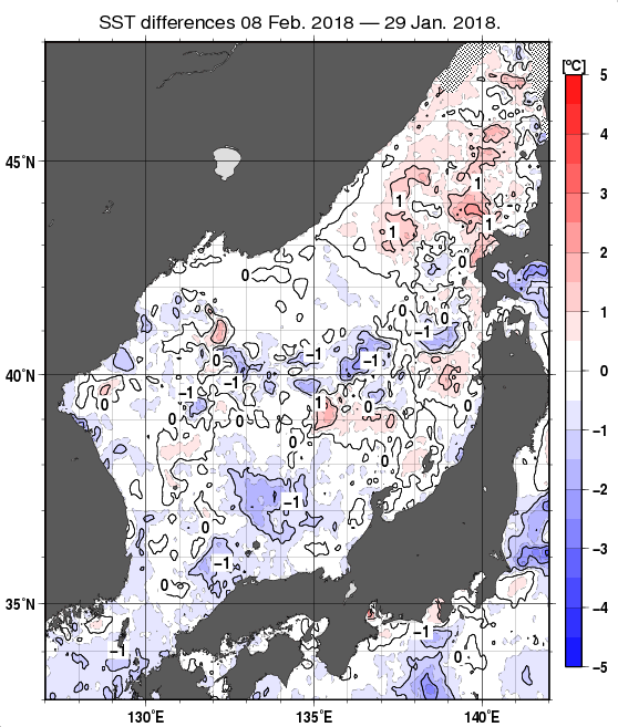 日本海の10日間の海面水温変化量分布図（2月8日）