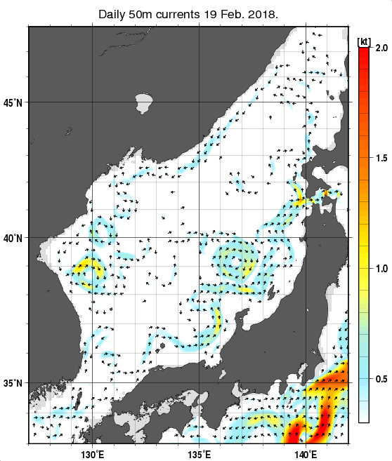 日本海の深さ50mの海流分布図（2月19日）