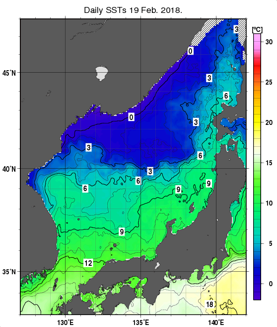 日本海の海面水温分布図（2月19日）