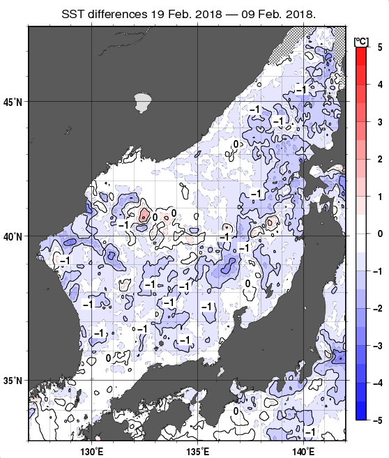 日本海の10日間の海面水温変化量分布図（2月19日）