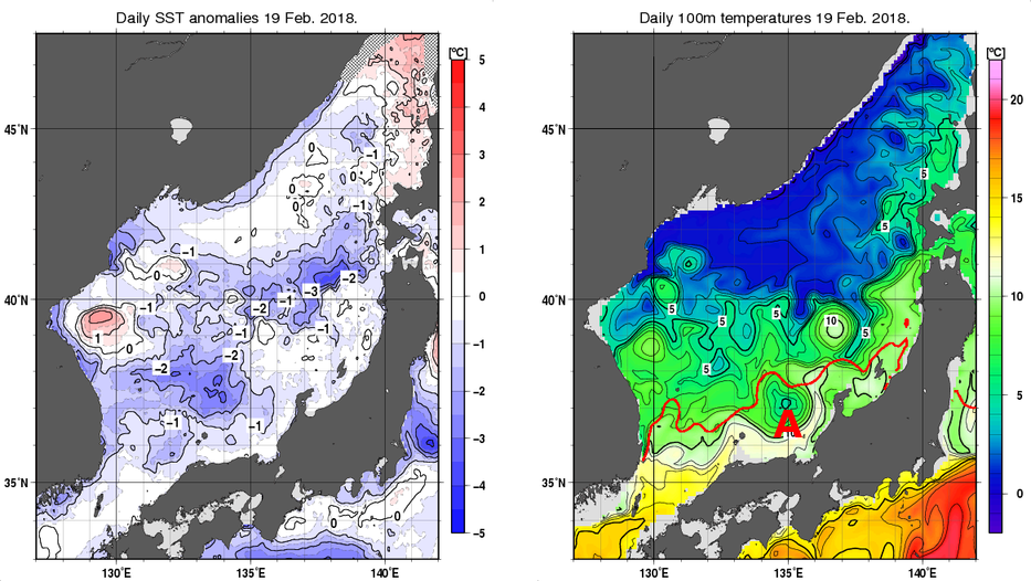 日本海の海面水温平年差分布図および深さ100mの水温分布図（2月19日）