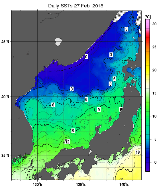 日本海の海面水温分布図（2月27日）