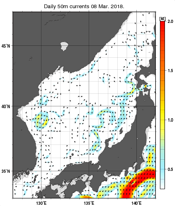 日本海の深さ50mの海流分布図（3月8日）