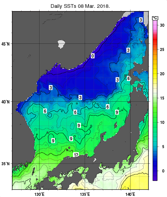 日本海の海面水温分布図（3月8日）