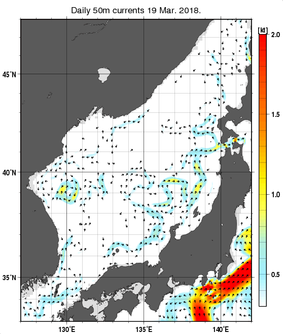 日本海の深さ50mの海流分布図（3月19日）