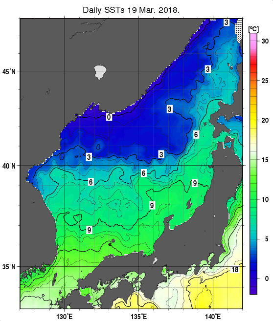 日本海の海面水温分布図（3月19日）