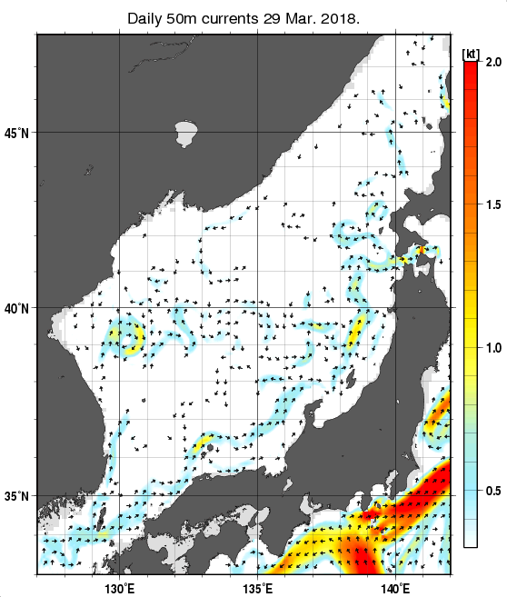 日本海の深さ50mの海流分布図（3月29日）