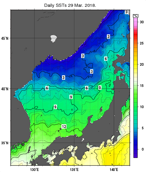 日本海の海面水温分布図（3月29日）