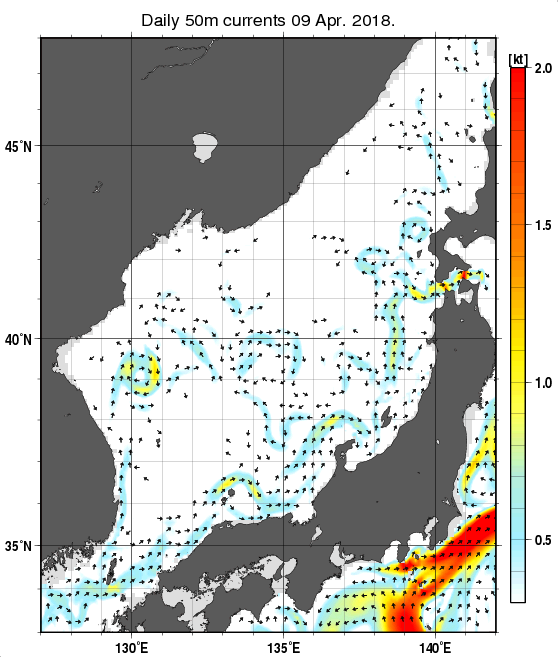 日本海の深さ50mの海流分布図（4月9日）