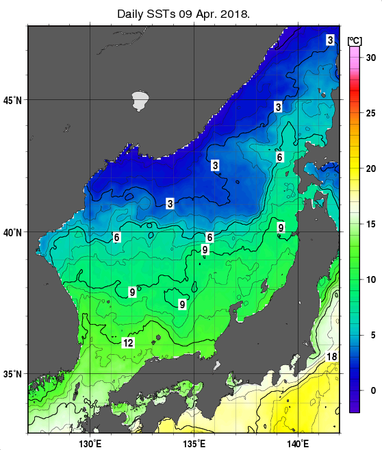 日本海の海面水温分布図（4月9日）