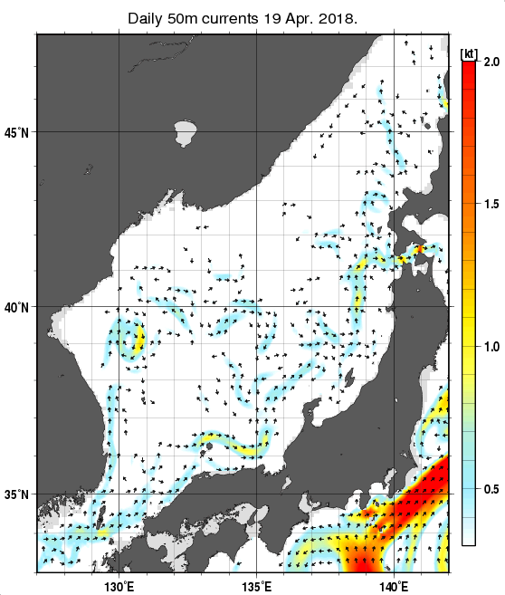 日本海の深さ50mの海流分布図（4月19日）