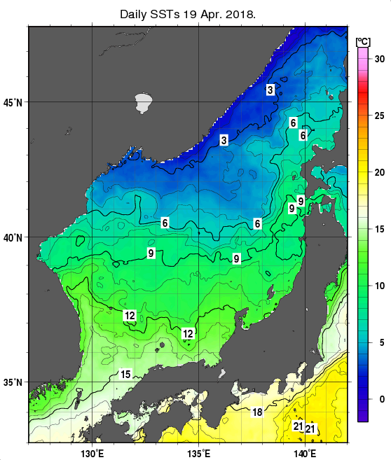 日本海の海面水温分布図（4月19日）