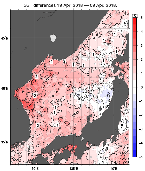 日本海の10日間の海面水温変化量分布図（4月19日）