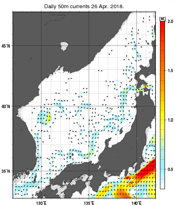 日本海の深さ50mの海流分布図（4月26日）