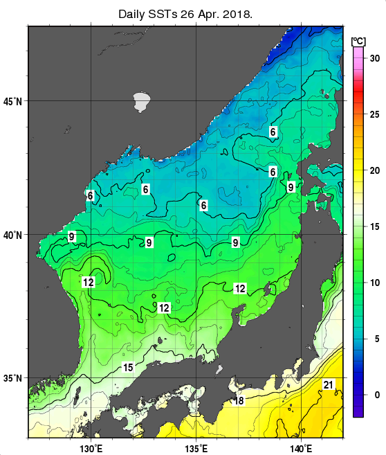 日本海の海面水温分布図（4月26日）