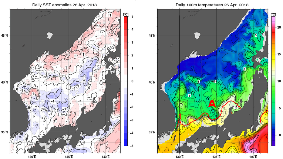 日本海の海面水温平年差分布図および深さ100mの水温分布図（4月26日）