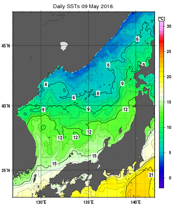 日本海の海面水温分布図（5月9日）