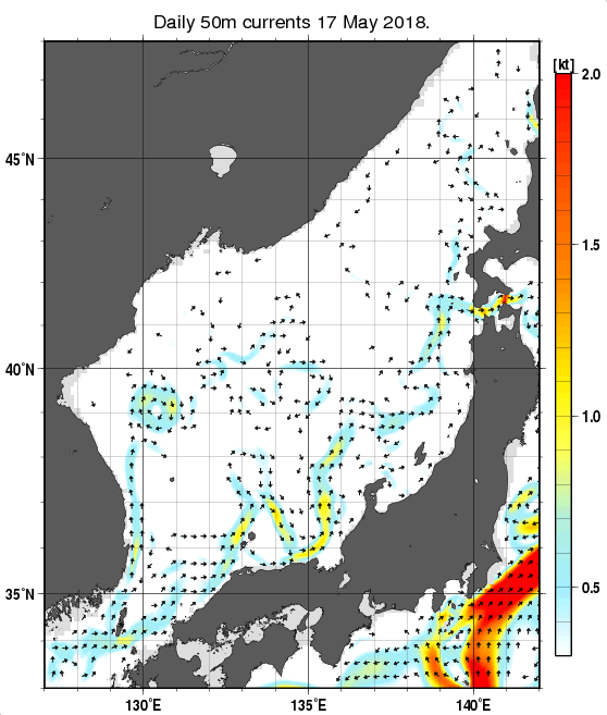 日本海の深さ50mの海流分布図（5月17日）