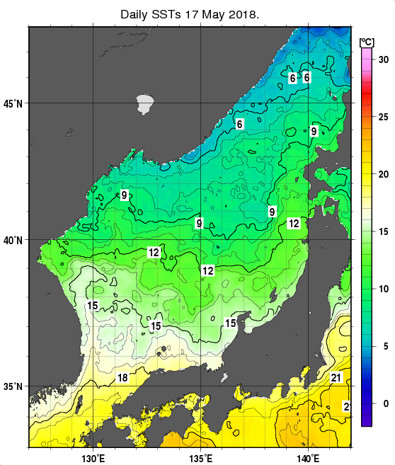 日本海の海面水温分布図（5月17日）