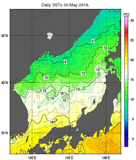 日本海の海面水温分布図（5月30日）