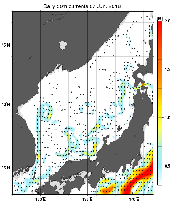 日本海の深さ50mの海流分布図（6月7日）